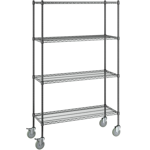 A Steelton black epoxy wire shelving unit with wheels.