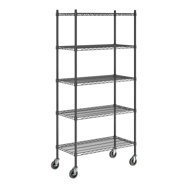 A black epoxy five-shelf metal storage rack with wheels.