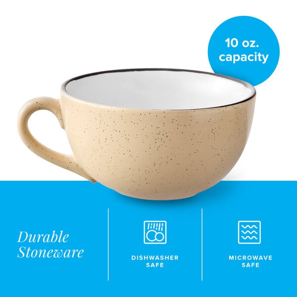 A tan matte stoneware cup with a handle and a 10 oz. capacity.