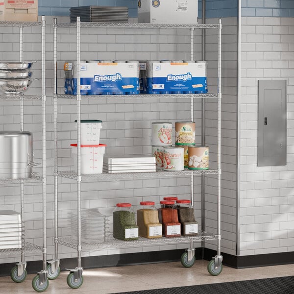 Steelton metal wire shelving filled with food in a kitchen.