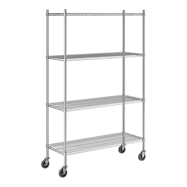 A chrome wire shelving unit with four shelves, tall posts, and caster wheels for mobility.