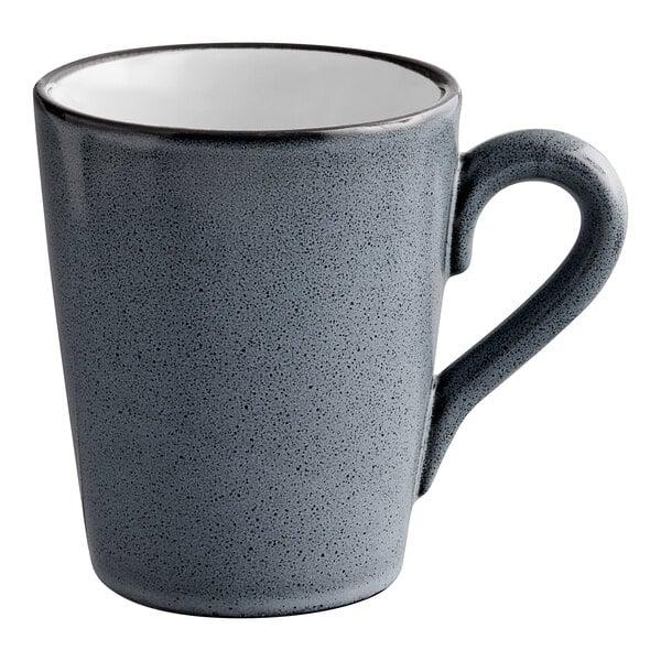 A grey Acopa stoneware mug with a black handle.