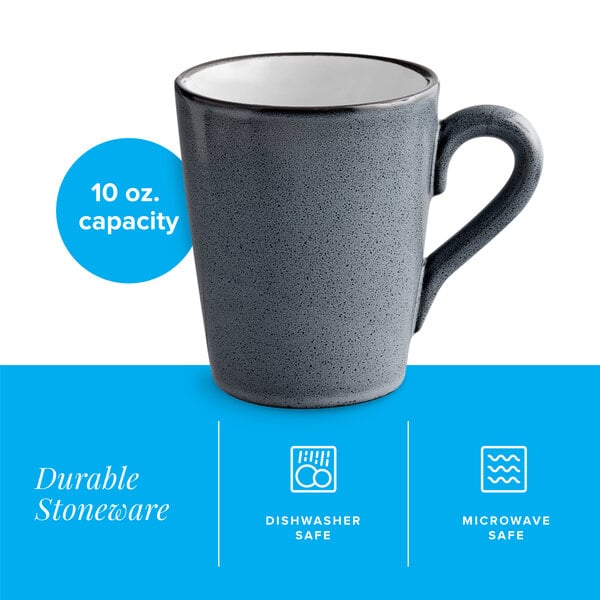 A 10 oz. midnight blue matte stoneware mug with a handle.