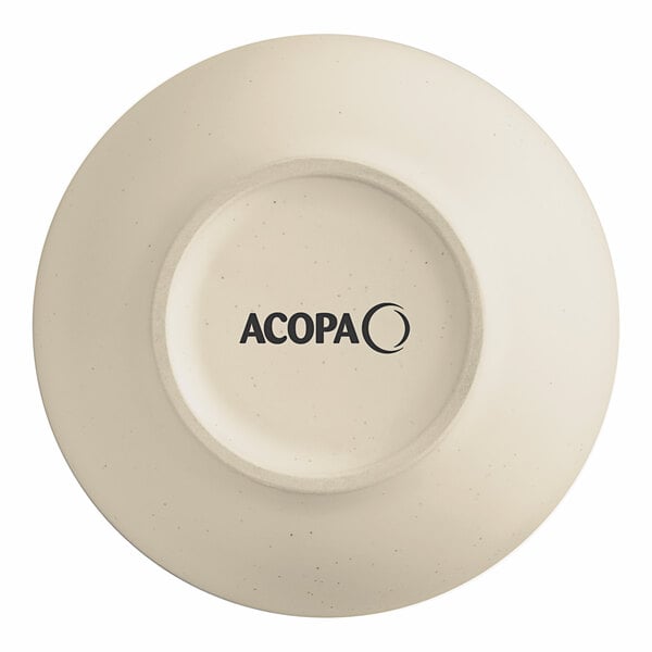A cream white stoneware bowl with black text that reads "Acopa"