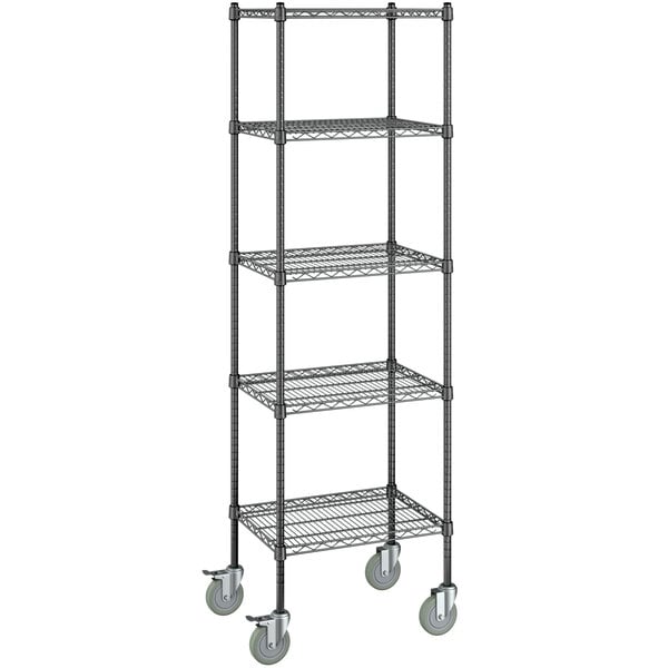 A Steelton black wire shelving unit with wheels.