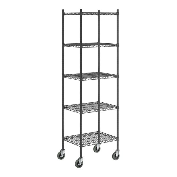 A black epoxy five-shelf wire shelving unit with casters and tall posts.