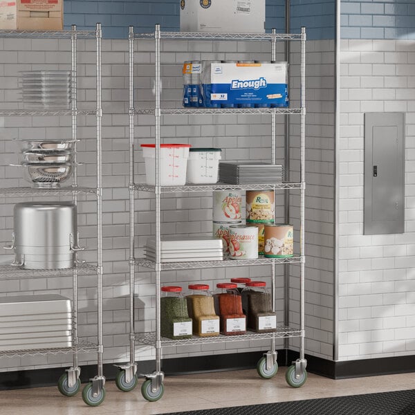 A metal Steelton wire shelving unit in a kitchen with food items on it.