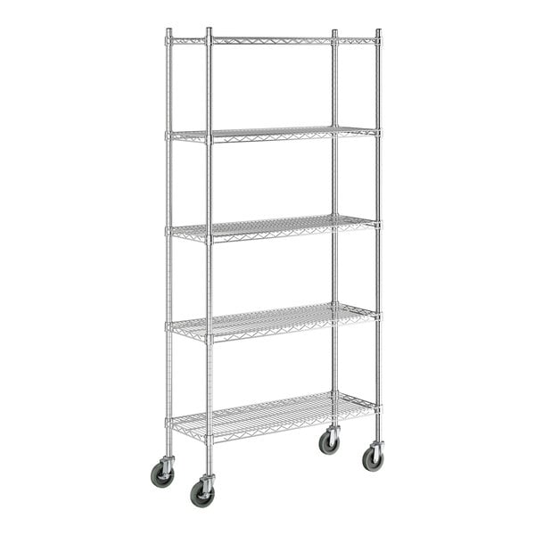 A chrome five-shelf wire shelving unit with casters and tall posts.