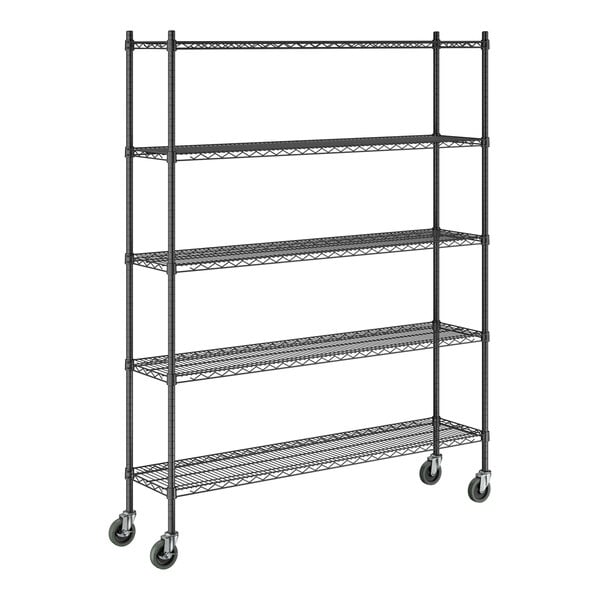 A black epoxy five-shelf wire shelving unit with four posts and casters for mobility.