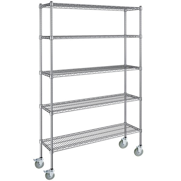 A Steelton chrome wire shelving unit with wheels.