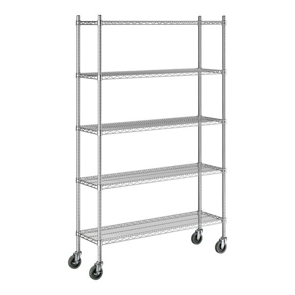 A chrome five-shelf wire shelving unit with casters and tall posts.