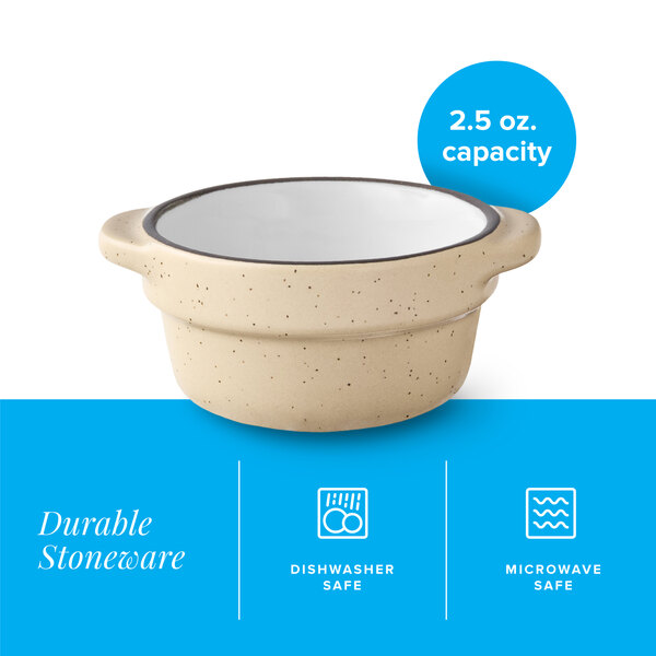 A small, tan matte stoneware sauce cup with a 2.5 oz. capacity.