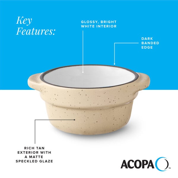 A small stoneware sauce cup with a glossy white interior, dark banded edge, and a matte speckled tan exterior.