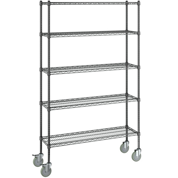 A Steelton black wire shelving unit with wheels.