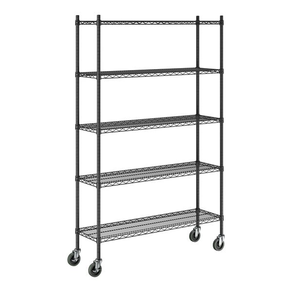 A black epoxy five-shelf wire shelving unit with four caster wheels.