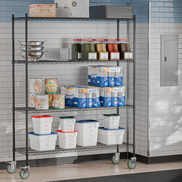 A Steelton black metal wire shelving unit with food items on it.