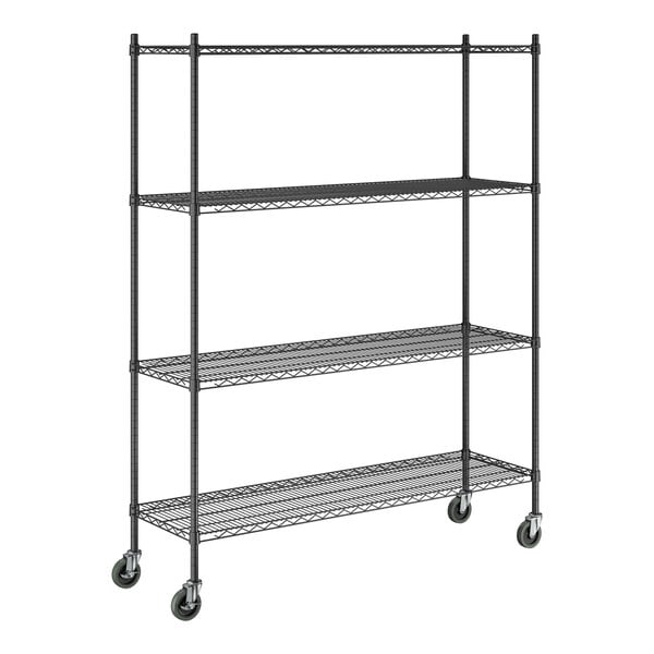 A black epoxy four-shelf metal storage rack with wheels and tall posts.