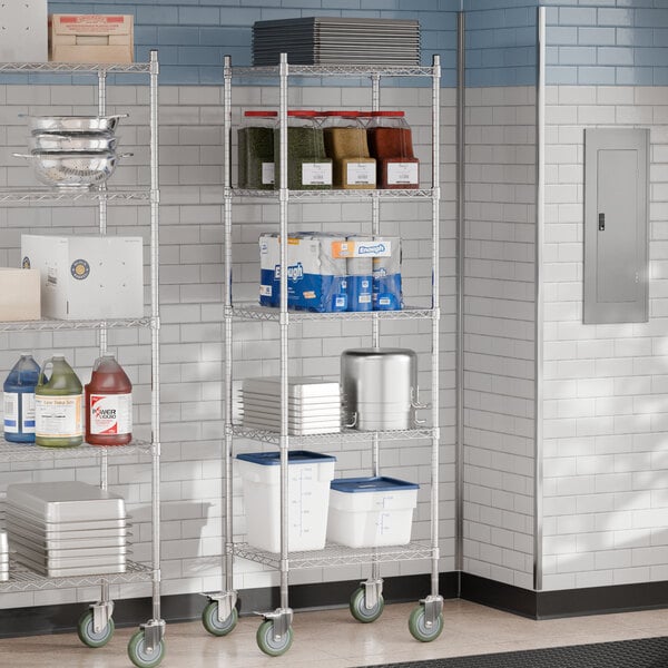 Steelton chrome wire shelving kit in a kitchen with food items on shelves.