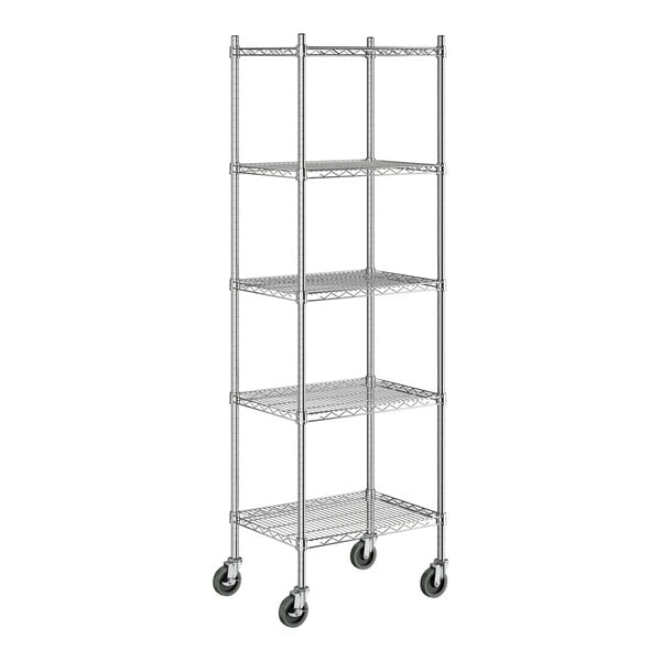 A Steelton chrome wire shelving unit with four shelves and wheels.