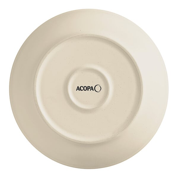 A white Acopa stoneware plate with the word "Embers" in black.