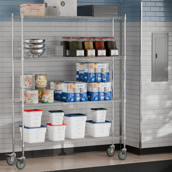 A Steelton metal wire shelving unit in a kitchen with containers on each shelf.