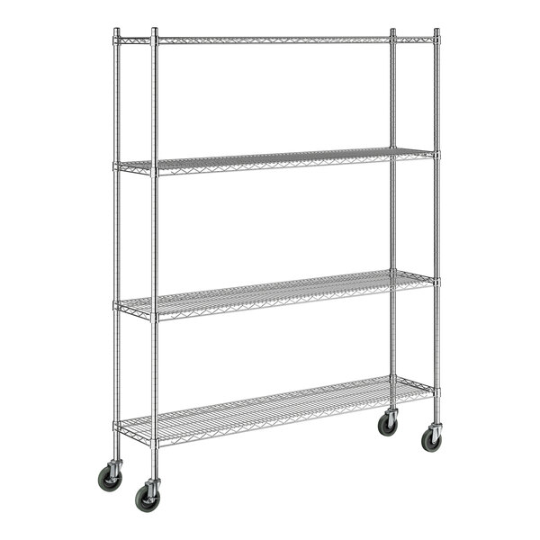 A chrome wire shelving unit with four shelves, tall posts, and caster wheels for mobility.