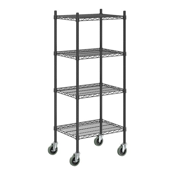 A black epoxy four-shelf wire shelving unit with casters and 54-inch posts.