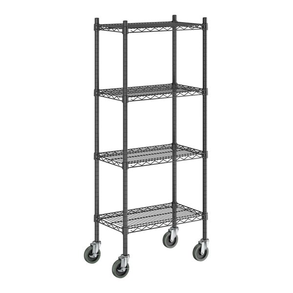 A black epoxy four-shelf wire shelving unit with casters and 54-inch posts.