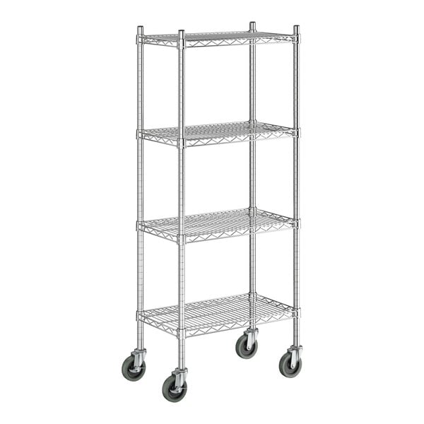 A chrome four-shelf wire shelving unit with casters and tall posts.