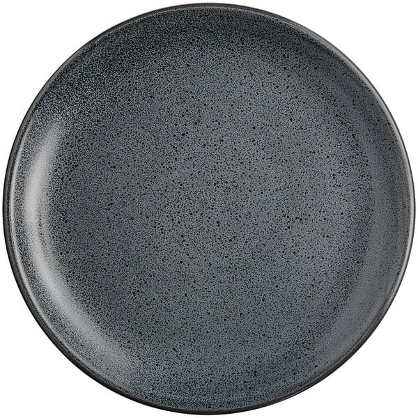 An Acopa Midnight Blue matte coupe stoneware plate with speckles on it.