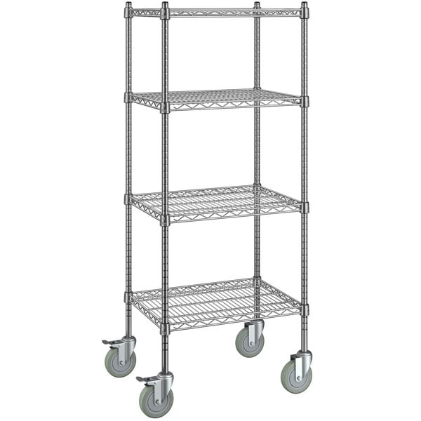 A Steelton chrome wire shelving unit with wheels.