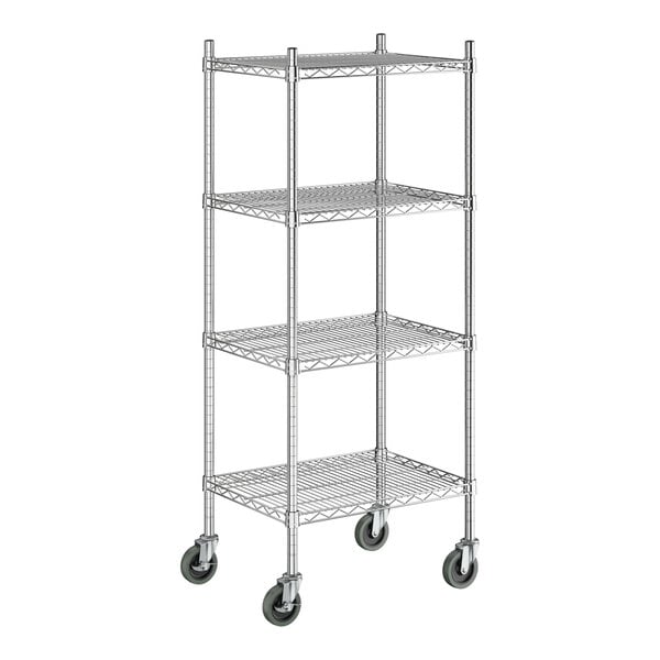 A chrome wire shelving unit with four shelves, tall posts, and four caster wheels for mobility.