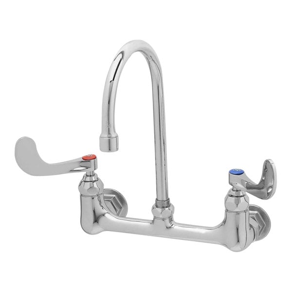 A chrome T&S wall mounted medical faucet with 2 wrist action handles.