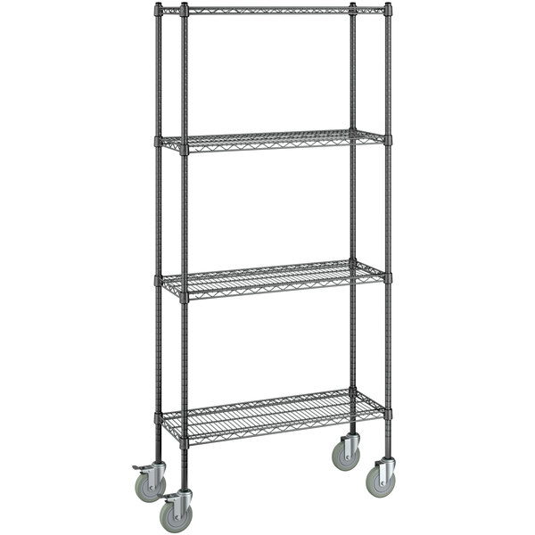 A Steelton black wire shelving unit with wheels.