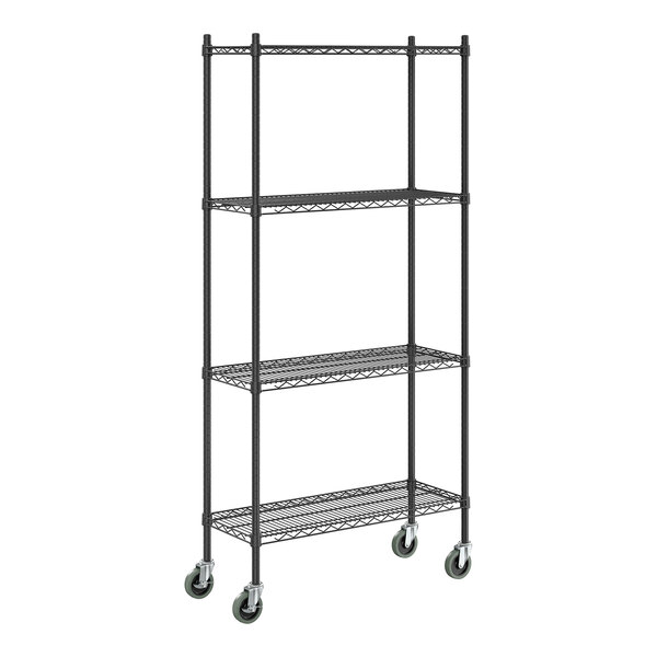 A black epoxy four-shelf metal storage rack with wheels and tall posts.