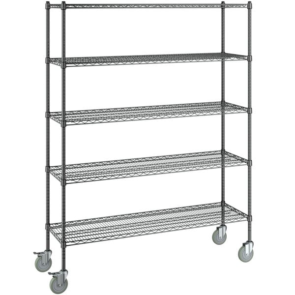 A Steelton black wire shelving unit with wheels.