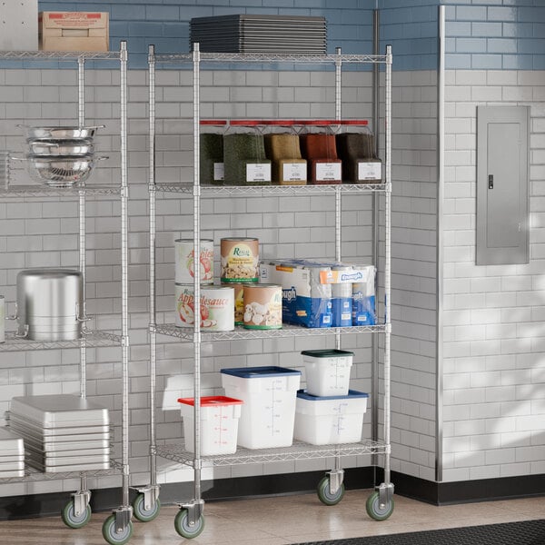 Steelton NSF chrome wire shelving with casters in a kitchen with food containers.