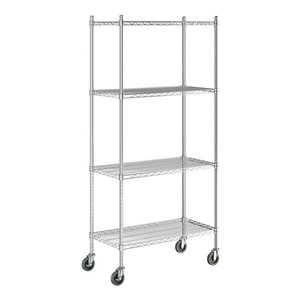 A chrome wire shelving unit with four shelves, tall posts, and caster wheels for mobility.