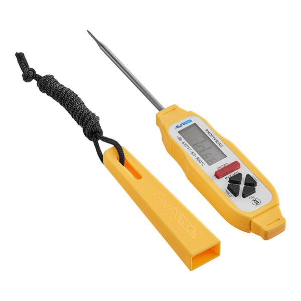 A yellow waterproof digital pocket probe thermometer with a backlight and protective cover.