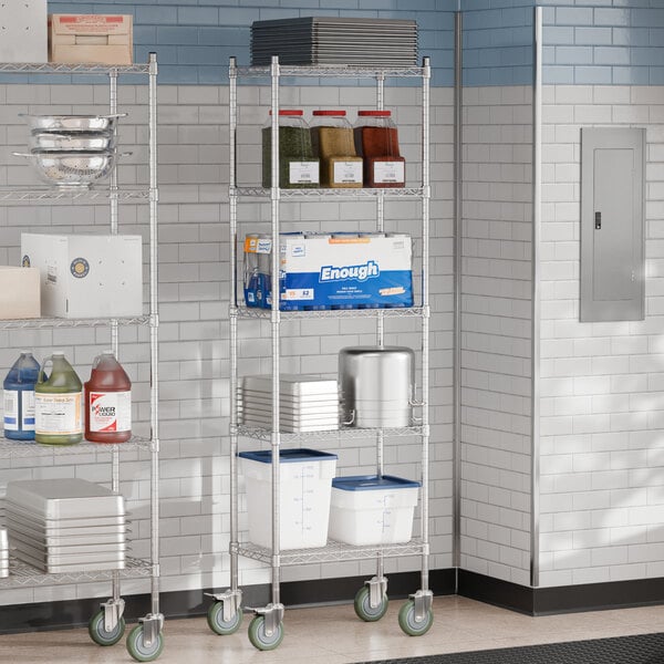 Steelton chrome wire shelving with casters in a kitchen with food items on the shelves.