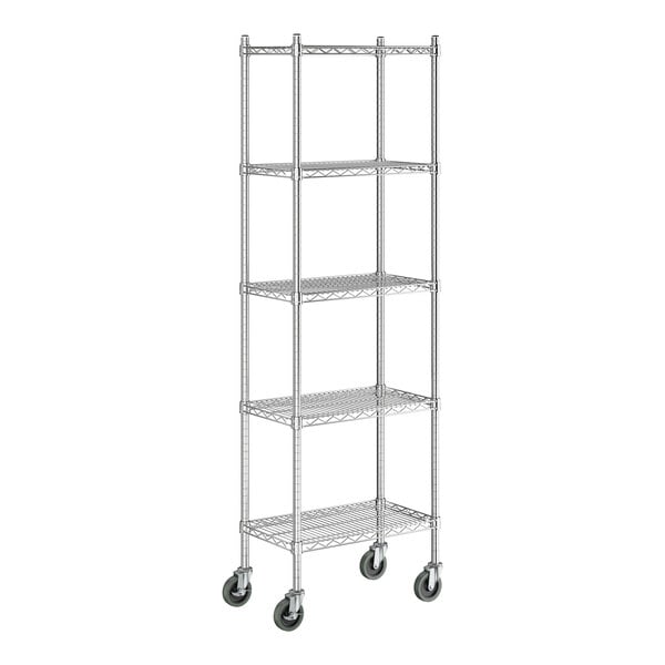 A chrome five-shelf wire shelving unit with casters and tall posts.