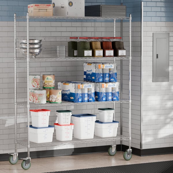A Steelton wire shelving unit in a school kitchen with containers on the shelves.
