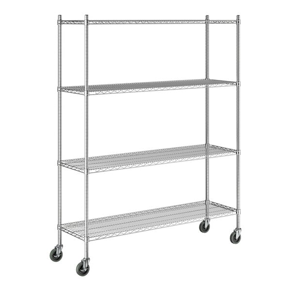 A chrome wire shelving unit with four shelves, tall posts, and caster wheels for mobility.