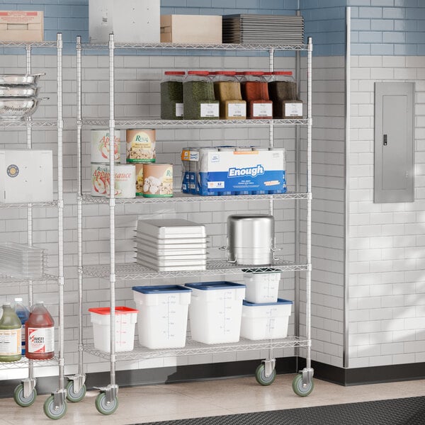 A Steelton wire shelving kit in a school kitchen with food on it.