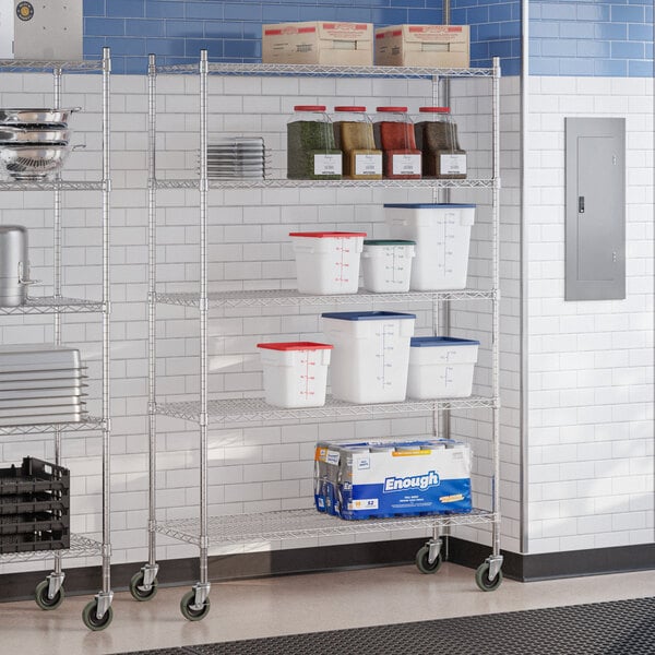 A chrome 5-shelf wire shelving unit with casters, used for storage in commercial settings.