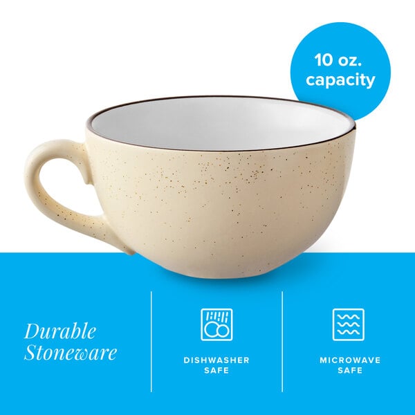 A cream white matte stoneware cup with a 10 oz. capacity.