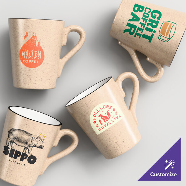 A set of tan matte stoneware mugs with various custom coffee shop logos printed on them.