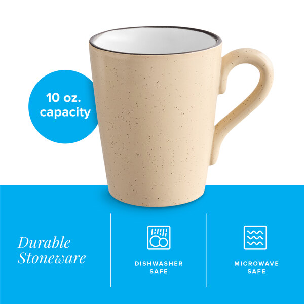 A tan matte stoneware mug with a 10 oz. capacity.