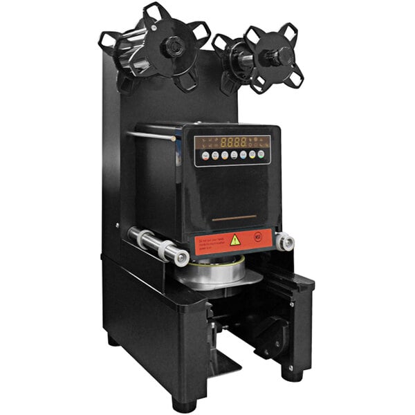 A black Bossen automatic bubble tea sealing machine with a screen and buttons.