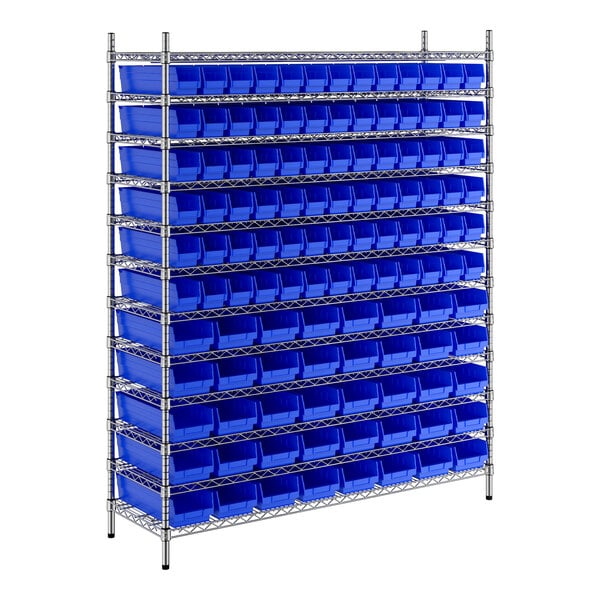 A metal wire shelving unit with blue bins on it.